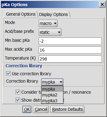 pKa options panel in Marvin